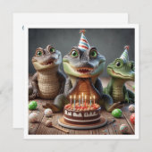 パーティー動物クロコダイ食べ物リーズ・ケーキ誕生日 招待状 (正面/裏面)