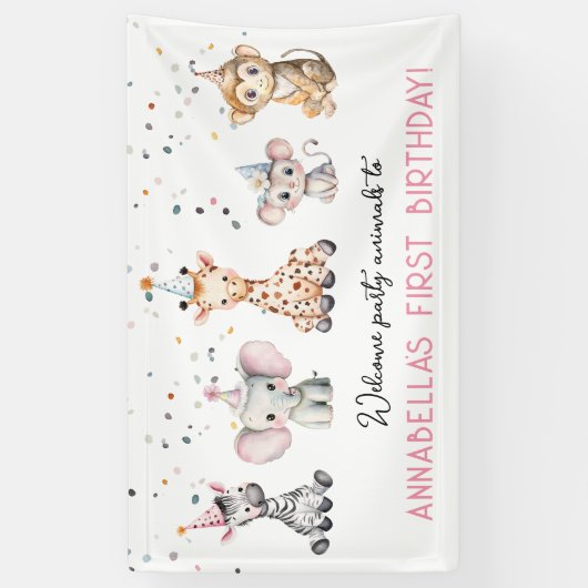 パーティー動物サファリガールバースデーウェルカムサイン 横断幕 (縦)