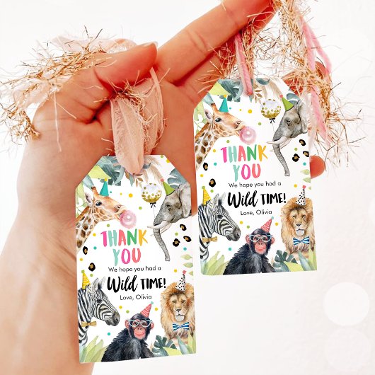 パーティー動物サファリガールピンクありがとうワイルドタイム ギフトタグ