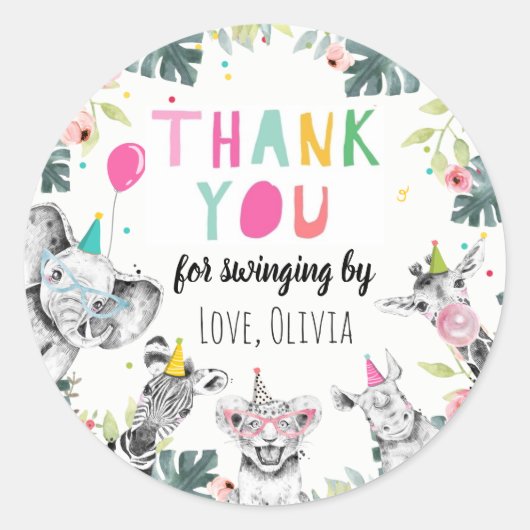 パーティー動物サファリガールピンクありがとうワイルド ラウンドシール (正面)