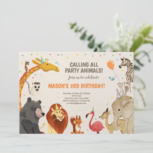 パーティー動物サファリガールボーイアニマルズ誕生日 招待状 (スタンド正面)