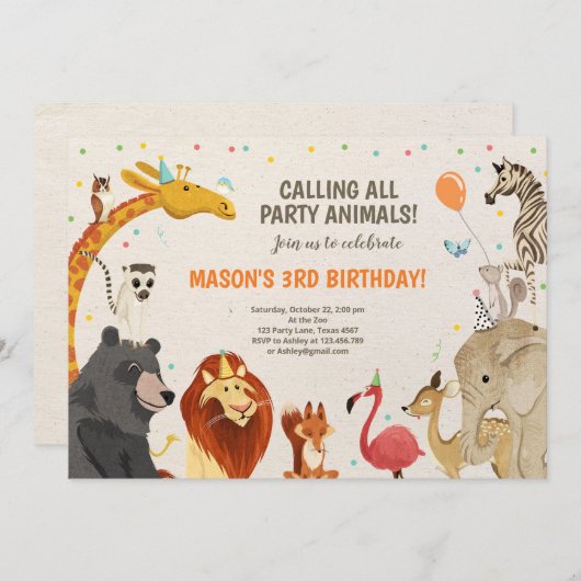 パーティー動物サファリガールボーイアニマルズ誕生日 招待状 (正面/裏面)