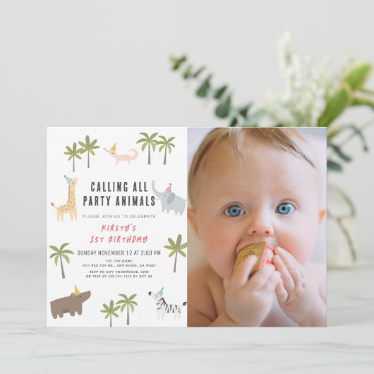 パーティー動物サファリ写真1歳の誕生日 招待状 (スタンド正面)