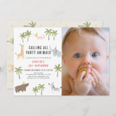 パーティー動物サファリ写真1歳の誕生日 招待状 (正面/裏面)