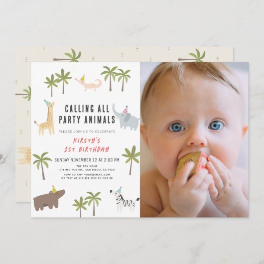 パーティー動物サファリ写真1歳の誕生日 招待状 (正面/裏面)