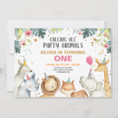 パーティー動物サファリ金ゴールドガールアニマルズ誕生日 招待状 (正面)