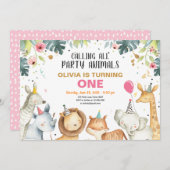 パーティー動物サファリ金ゴールドガールアニマルズ誕生日 招待状 (正面/裏面)