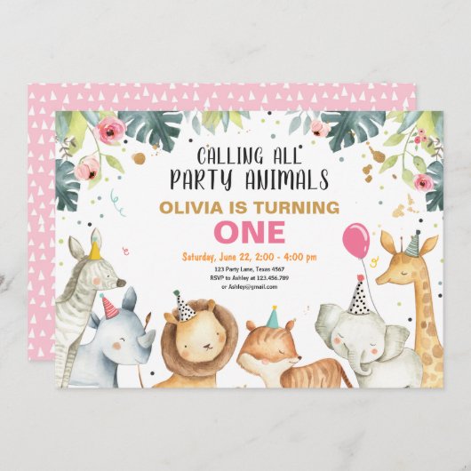 パーティー動物サファリ金ゴールドガールアニマルズ誕生日 招待状 (正面/裏面)