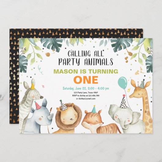 パーティー動物サファリ金ゴールドボーイアニマルズ誕生日 招待状 (正面/裏面)