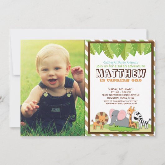パーティー動物ジャングルサファリ誕生日写真 招待状 (正面)