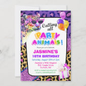 パーティー動物ジャングルズー誕生日招待状ガール 招待状 (正面)