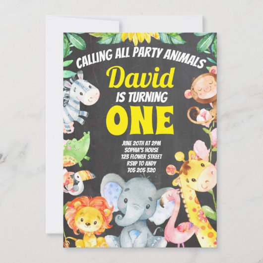 パーティー動物ボーイ誕生日サファリチャルクボード 招待状 (正面)