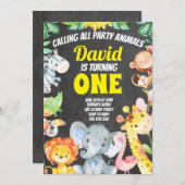 パーティー動物ボーイ誕生日サファリチャルクボード 招待状 (正面/裏面)