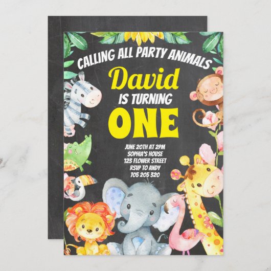 パーティー動物ボーイ誕生日サファリチャルクボード 招待状 (正面/裏面)