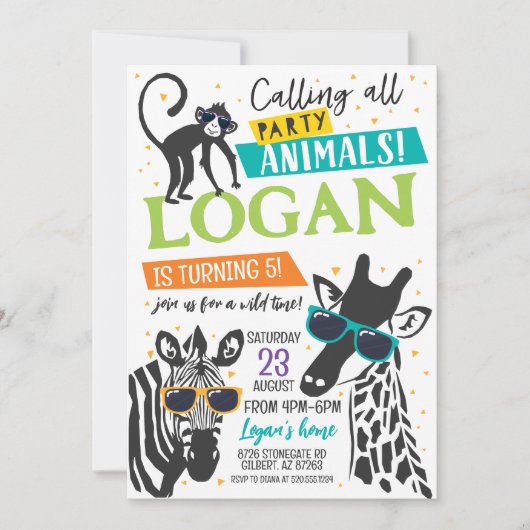 パーティー動物モダン誕生日招待状 招待状 (正面)
