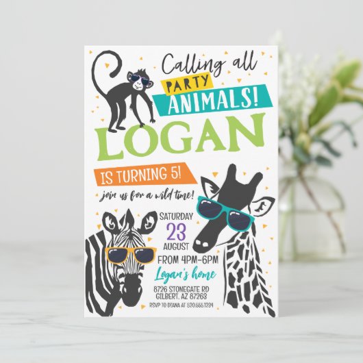パーティー動物モダン誕生日招待状 招待状 (スタンド正面)