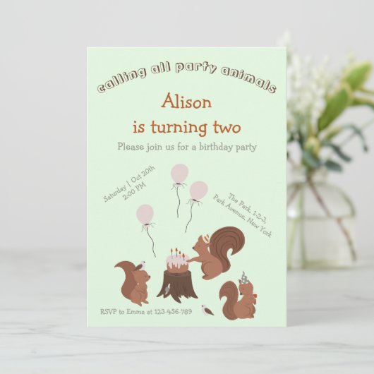 パーティー動物リス誕生日パーティーの招待 招待状 (スタンド正面)