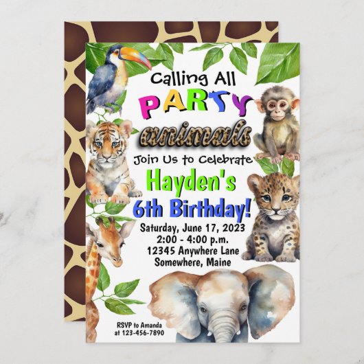 パーティー動物園猿誕生日招待状 招待状 (正面/裏面)