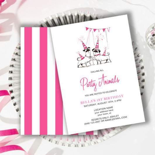 パーティー動物子犬ピンクの誕生日パーティーの招待 招待状