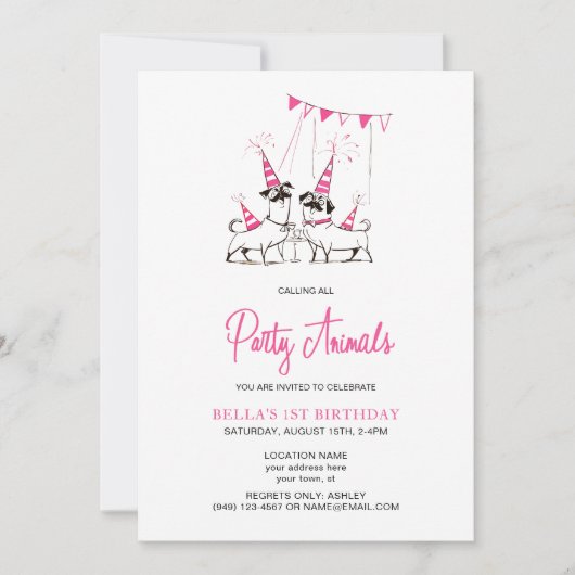 パーティー動物子犬ピンクの誕生日パーティーの招待 招待状 (正面)