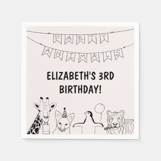 パーティー動物手描きドードルキッドの誕生日 スタンダードカクテルナプキン (正面)