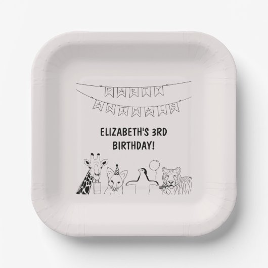 パーティー動物手描きドードルキッドの誕生日 ペーパープレート (正面)