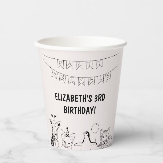 パーティー動物手描きドードルキッドの誕生日 紙コップ (正面)