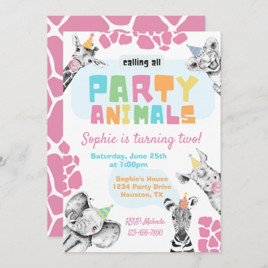 パーティー動物招待状 |パーティー動物誕生日 招待状 (正面/裏面)