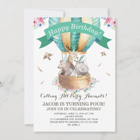 パーティー動物熱気球ハッピーバースデー 招待状 (正面)