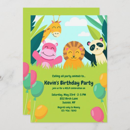 パーティー動物誕生会 招待状 (正面/裏面)