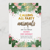 パーティー動物誕生日招待状サファリレオパードガール 招待状 (正面/裏面)