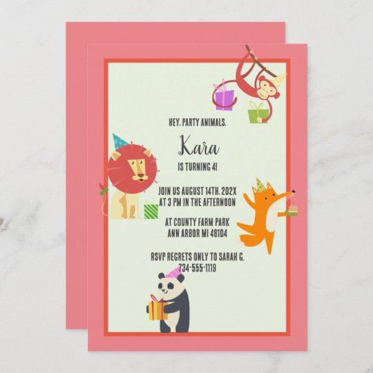 パーティー動物誕生日招待状 シーズンカード (正面/裏面)