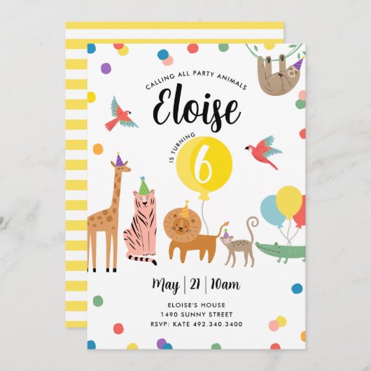 パーティー動物誕生日招待状 招待状 (正面/裏面)