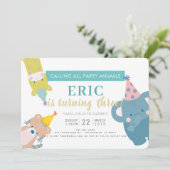 パーティー動物象金ゴールドグリッターボーイ誕生日 招待状 (スタンド正面)