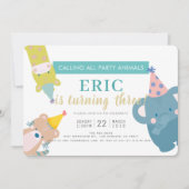 パーティー動物象金ゴールドグリッターボーイ誕生日 招待状 (正面)