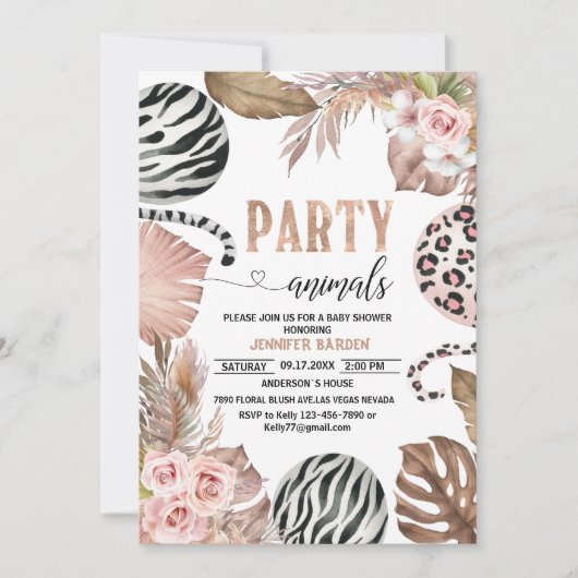 パーティー動物赤ちゃんシャワーヒョウ印刷Junglワイルド 招待状 (正面)
