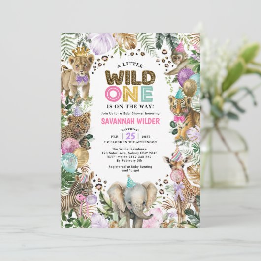 パーティー動物野生のサファリピンク薄紫ベビーシャワーI 招待状 (スタンド正面)