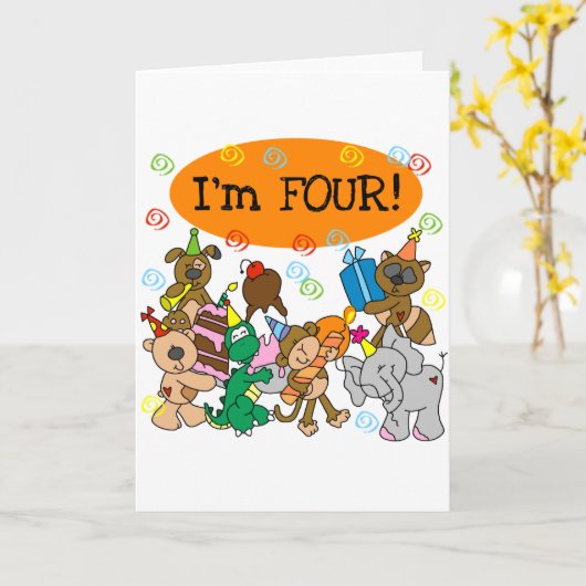 パーティー動物4歳の誕生日Tシャツと贈り物 カード (黄色い花)