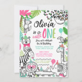 パーティー動物，ジャングルサファリ1歳 招待状 (正面)