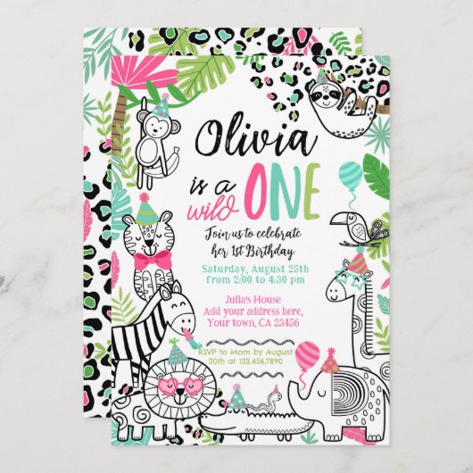 パーティー動物，ジャングルサファリ1歳 招待状 (正面/裏面)