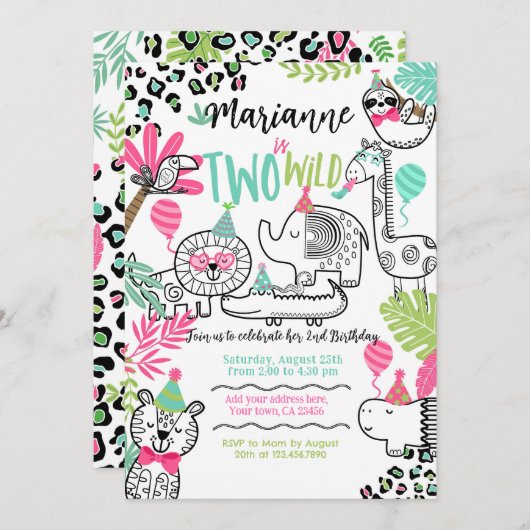 パーティー動物，ジャングルサファリ2歳の誕生日 招待状 (正面/裏面)