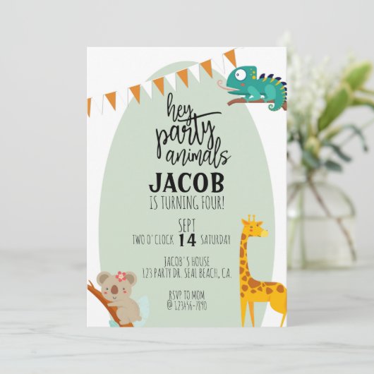パーティー動物，子供の誕生日，動物パーティー 案内状 (スタンド正面)