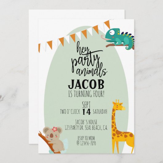 パーティー動物，子供の誕生日，動物パーティー 案内状 (正面/裏面)