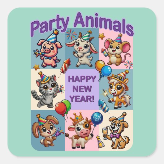 パーティー動物「新年おめでとう」 スクエアシール (正面)