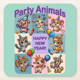 パーティー動物「新年おめでとう」 スクエアペーパーコースター