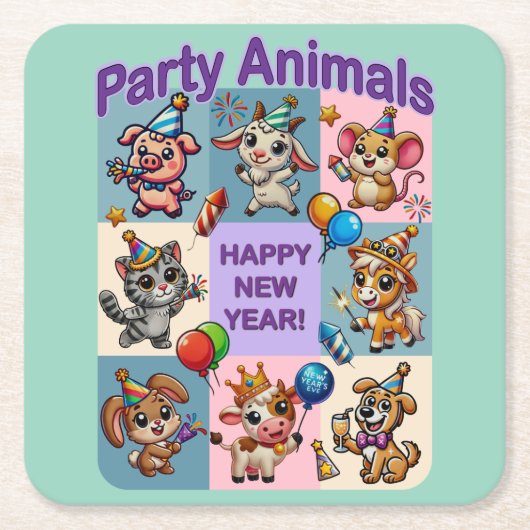 パーティー動物「新年おめでとう」 スクエアペーパーコースター (正面)