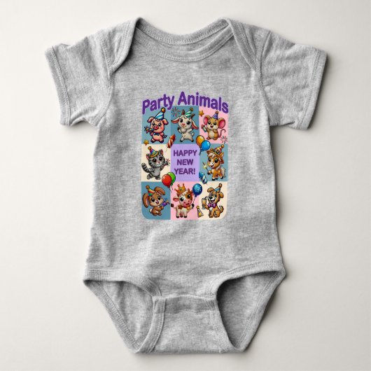 パーティー動物「新年おめでとう」 ベビーボディスーツ (正面)