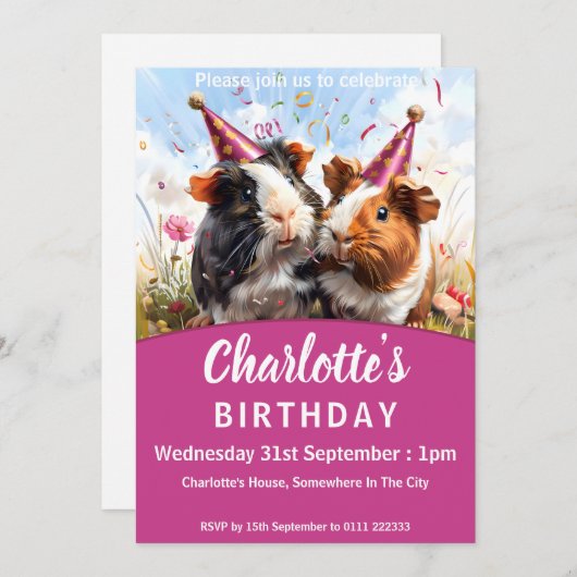 パーティー動物 – 2モルモット誕生日パーティー 招待状 (正面/裏面)