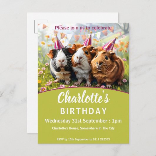 パーティー動物 – 3モルモット誕生日パーティー インビテーションポストカード (正面/裏面)