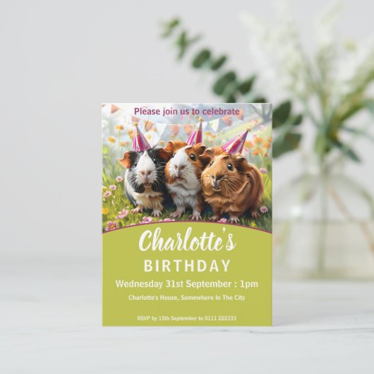 パーティー動物 – 3モルモット誕生日パーティー インビテーションポストカード (スタンド正面)